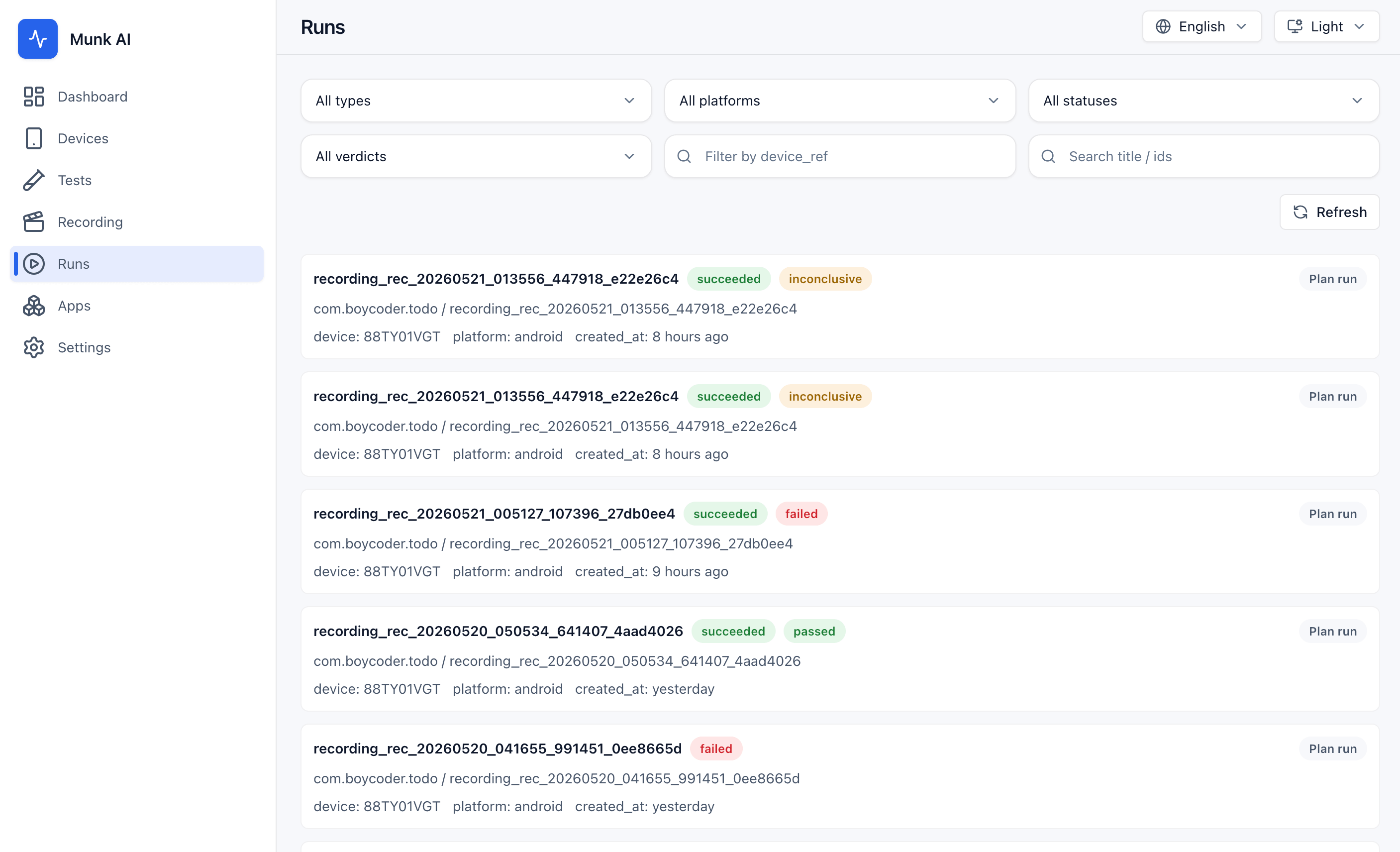 Runs page screenshot